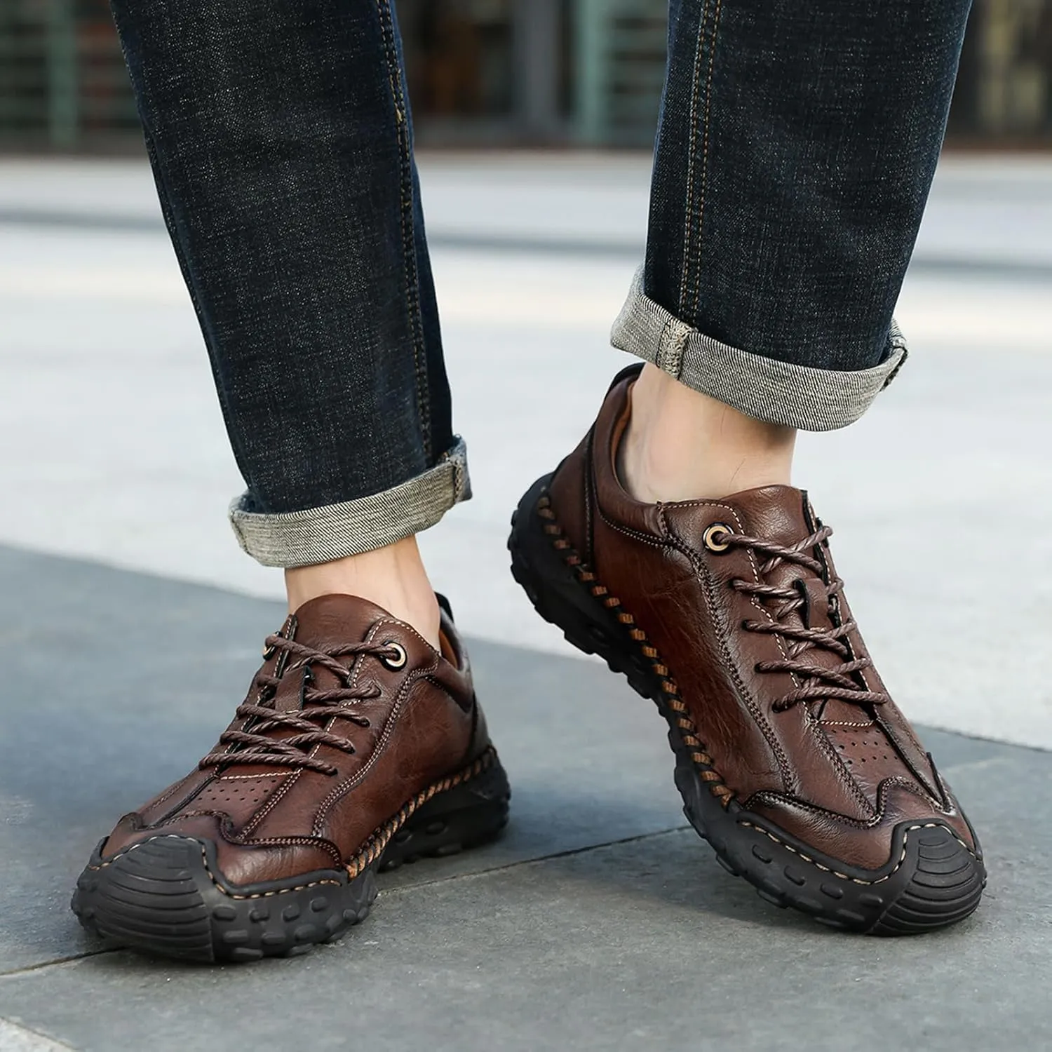 Men's Genuine Leather Handmade Stitching Casual Loafers for Hiking Camping & Driving Retro Anti-Collision Round Toe Lace Up Outdoor Walking Shoes Comfortable Lightweight Fashion Sneakers