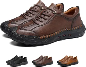 Men's Genuine Leather Handmade Stitching Casual Loafers for Hiking Camping & Driving Retro Anti-Collision Round Toe Lace Up Outdoor Walking Shoes Comfortable Lightweight Fashion Sneakers