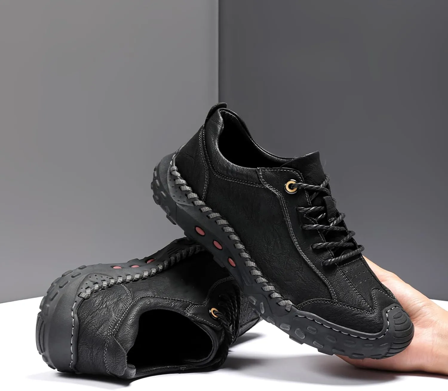 Men's Genuine Leather Handmade Stitching Casual Loafers for Hiking Camping & Driving Retro Anti-Collision Round Toe Lace Up Outdoor Walking Shoes Comfortable Lightweight Fashion Sneakers