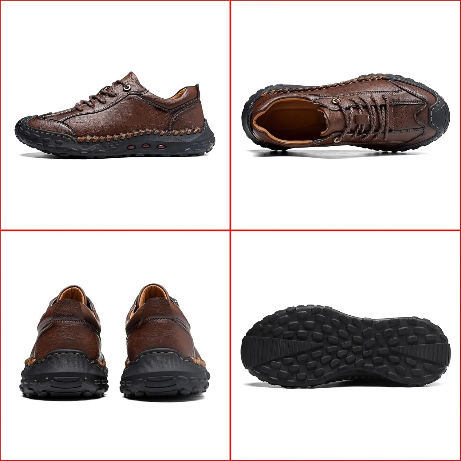 Men's Genuine Leather Handmade Stitching Casual Loafers for Hiking Camping & Driving Retro Anti-Collision Round Toe Lace Up Outdoor Walking Shoes Comfortable Lightweight Fashion Sneakers