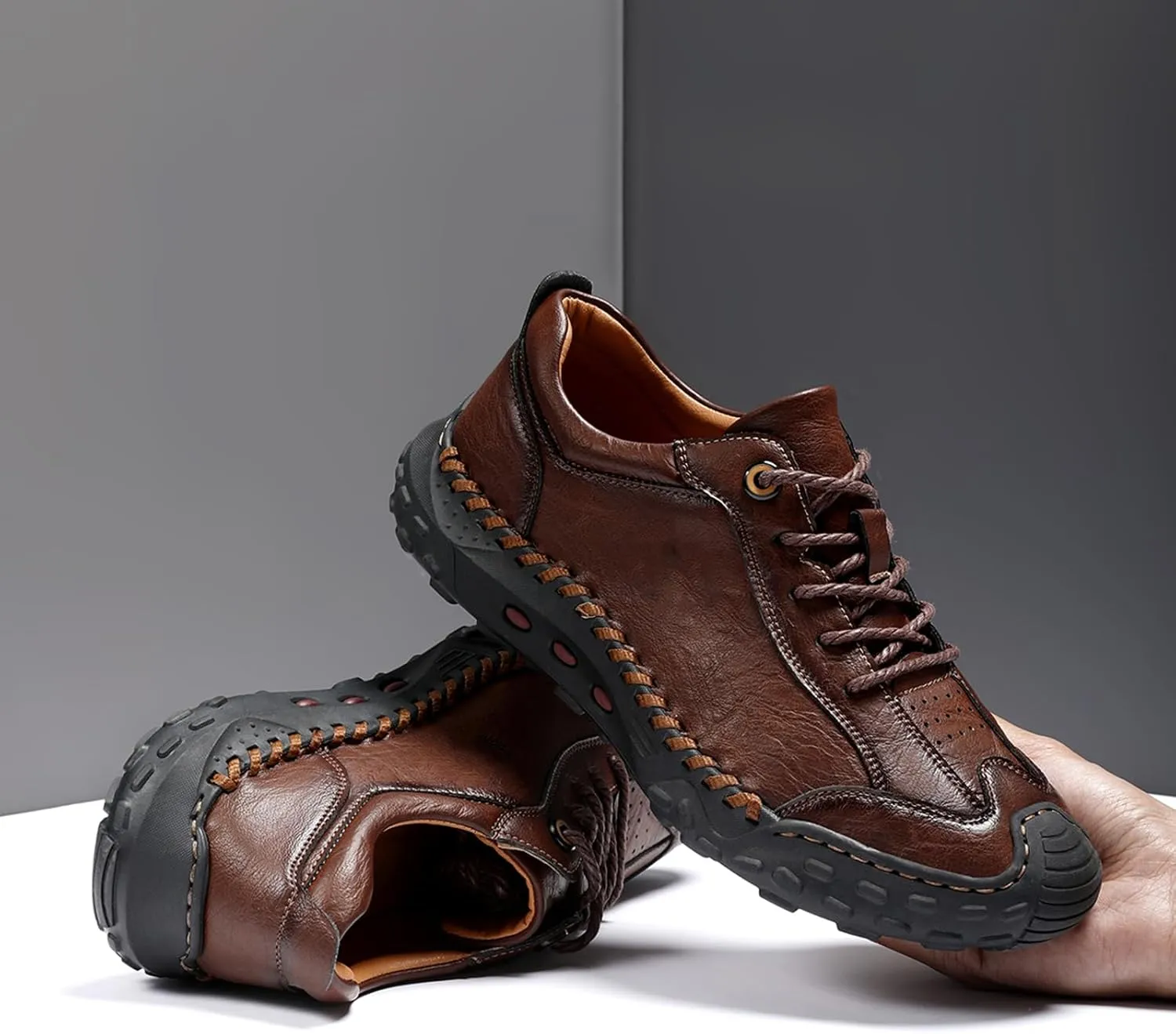 Men's Genuine Leather Handmade Stitching Casual Loafers for Hiking Camping & Driving Retro Anti-Collision Round Toe Lace Up Outdoor Walking Shoes Comfortable Lightweight Fashion Sneakers