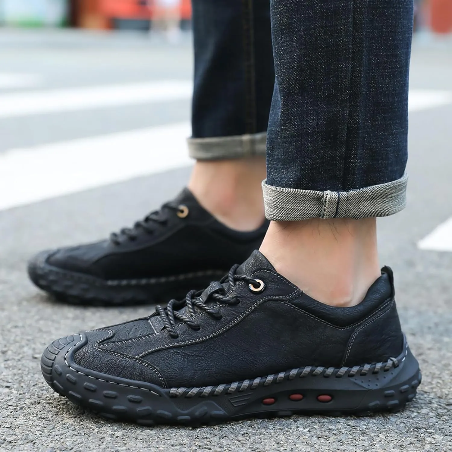 Men's Genuine Leather Handmade Stitching Casual Loafers for Hiking Camping & Driving Retro Anti-Collision Round Toe Lace Up Outdoor Walking Shoes Comfortable Lightweight Fashion Sneakers