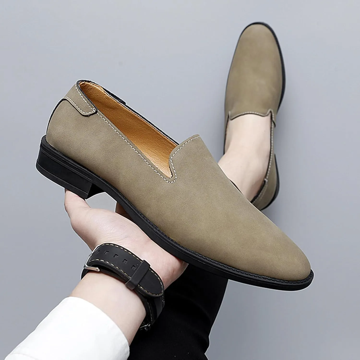 Men's Genuine Leather Slip On Dress Oxford Loafers Classic Simple Cap Toe Low Top Driving Shoes Lightweight Casual Business Formal Shoes