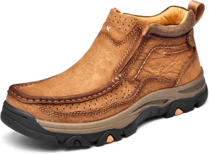 Men's Genuine Leather Slip On High Top Loafers Retro Casual Non Slip Comfy Ankle Boots for Outdoor Hiking Camping Driving Work Chukka Oxfords