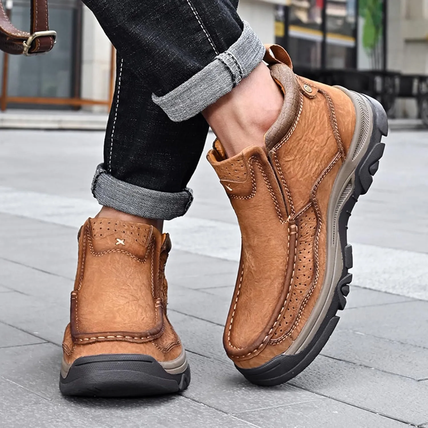 Men's Genuine Leather Slip On High Top Loafers Retro Casual Non Slip Comfy Ankle Boots for Outdoor Hiking Camping Driving Work Chukka Oxfords