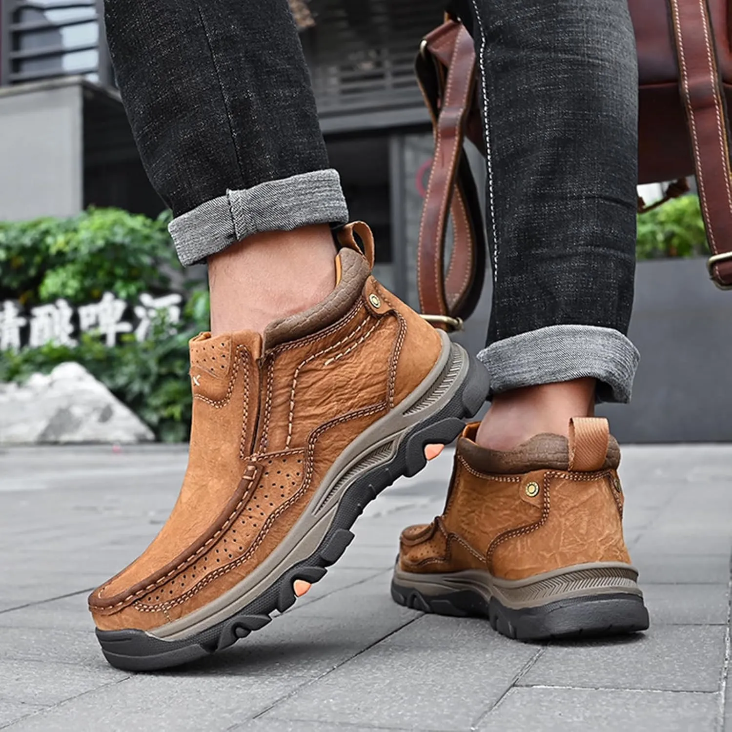 Men's Genuine Leather Slip On High Top Loafers Retro Casual Non Slip Comfy Ankle Boots for Outdoor Hiking Camping Driving Work Chukka Oxfords