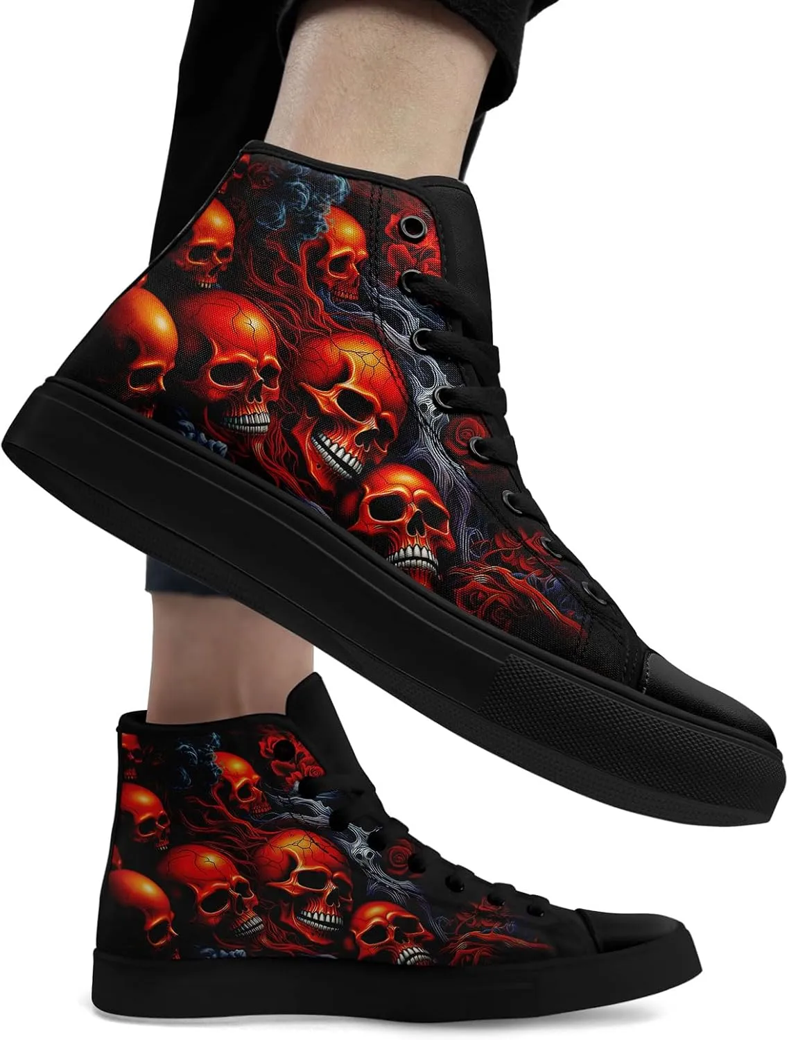 Men's Gothic Winged High-Top Canvas Sneakers Red Skull Leather Wings Fashion Unisex Halloween Punk Style Walking Shoes