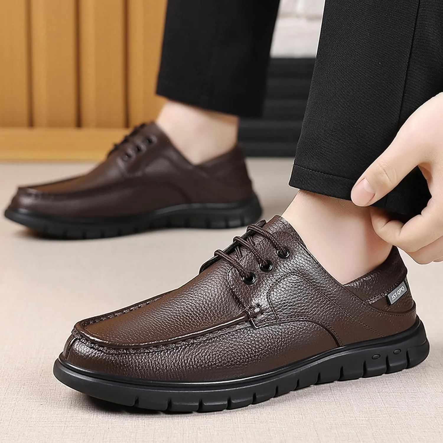 Men's Leather Boat Shoes Slip On Loafers - Hand-Stitched Comfortable & Breathable, Non-Slip Dress Shoes for Business Casual Outdoor