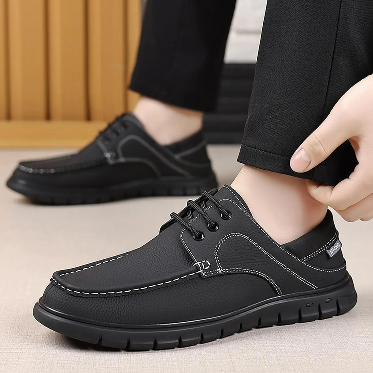 Men's Leather Boat Shoes Slip On Loafers - Hand-Stitched Comfortable & Breathable, Non-Slip Dress Shoes for Business Casual Outdoor