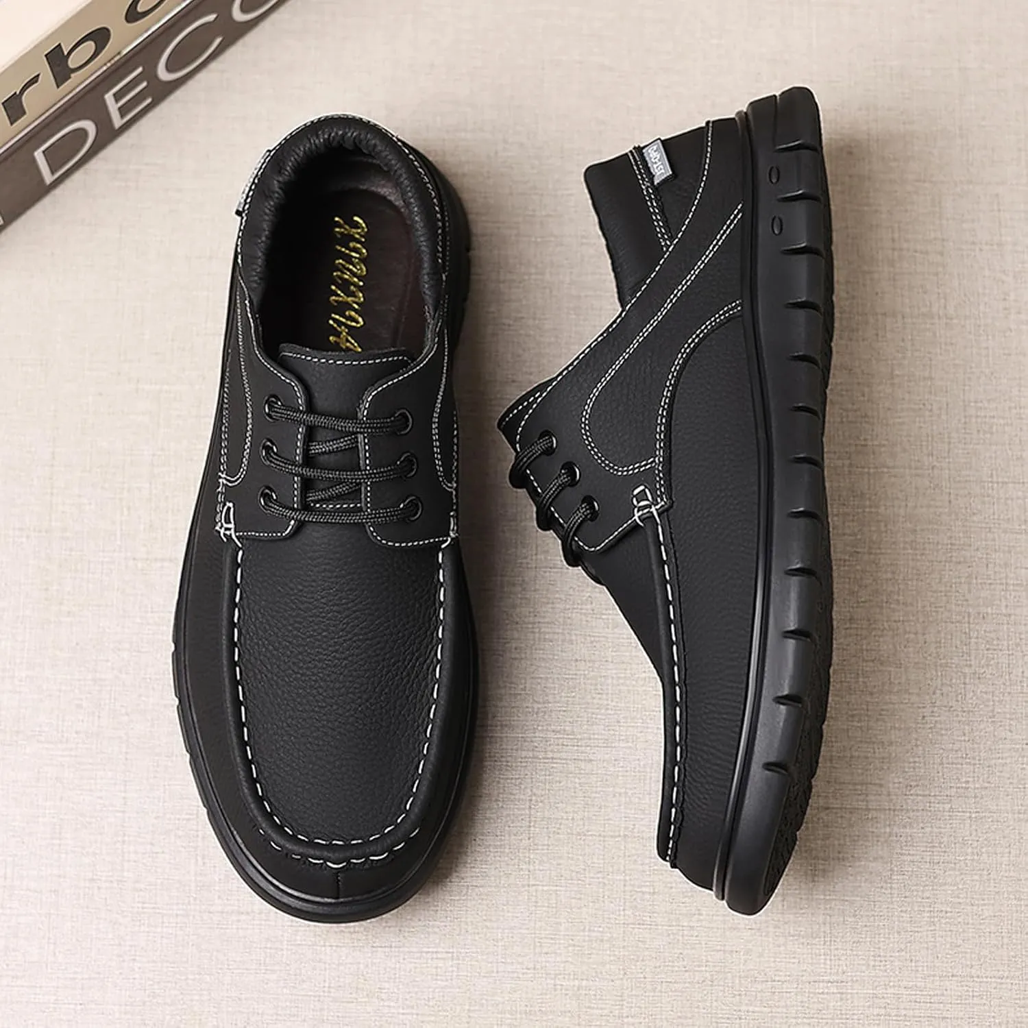 Men's Leather Boat Shoes Slip On Loafers - Hand-Stitched Comfortable & Breathable, Non-Slip Dress Shoes for Business Casual Outdoor