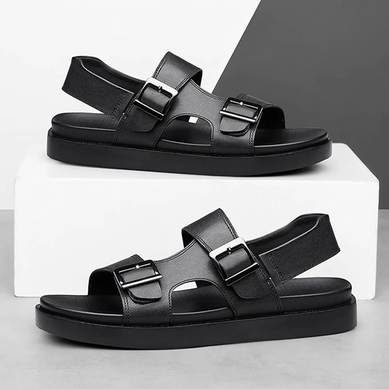 Men's Leather Two-Wear Dual Buckle Closure Flat Sandals Comfortable Breatheable Adjustable Dual Use Ankle Straps Non-Slip Slip On Soft Sole Summer Casual Sandals for Beach Outdoor