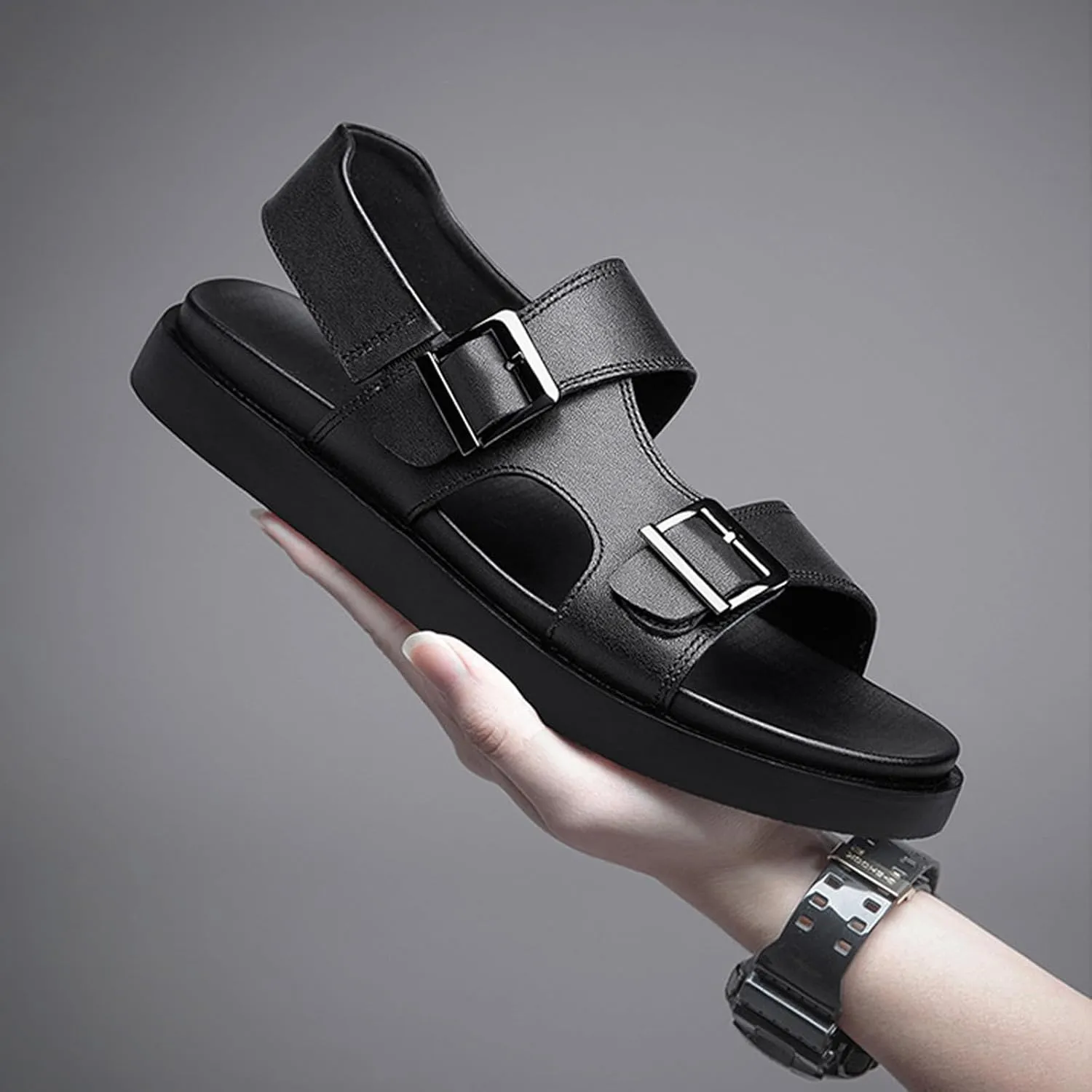 Men's Leather Two-Wear Dual Buckle Closure Flat Sandals Comfortable Breatheable Adjustable Dual Use Ankle Straps Non-Slip Slip On Soft Sole Summer Casual Sandals for Beach Outdoor
