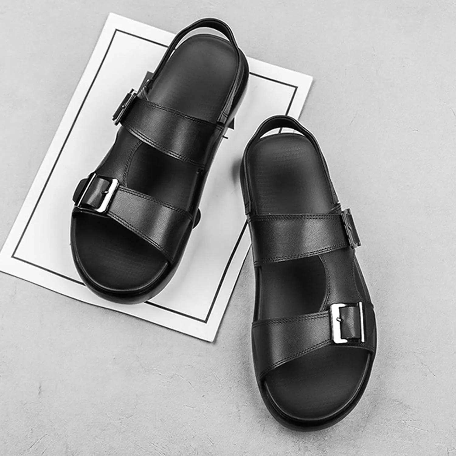 Men's Leather Two-Wear Dual Buckle Closure Flat Sandals Comfortable Breatheable Adjustable Dual Use Ankle Straps Non-Slip Slip On Soft Sole Summer Casual Sandals for Beach Outdoor