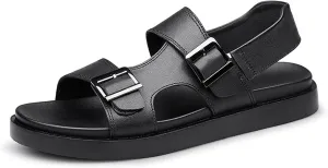 Men's Leather Two-Wear Dual Buckle Closure Flat Sandals Comfortable Breatheable Adjustable Dual Use Ankle Straps Non-Slip Slip On Soft Sole Summer Casual Sandals for Beach Outdoor
