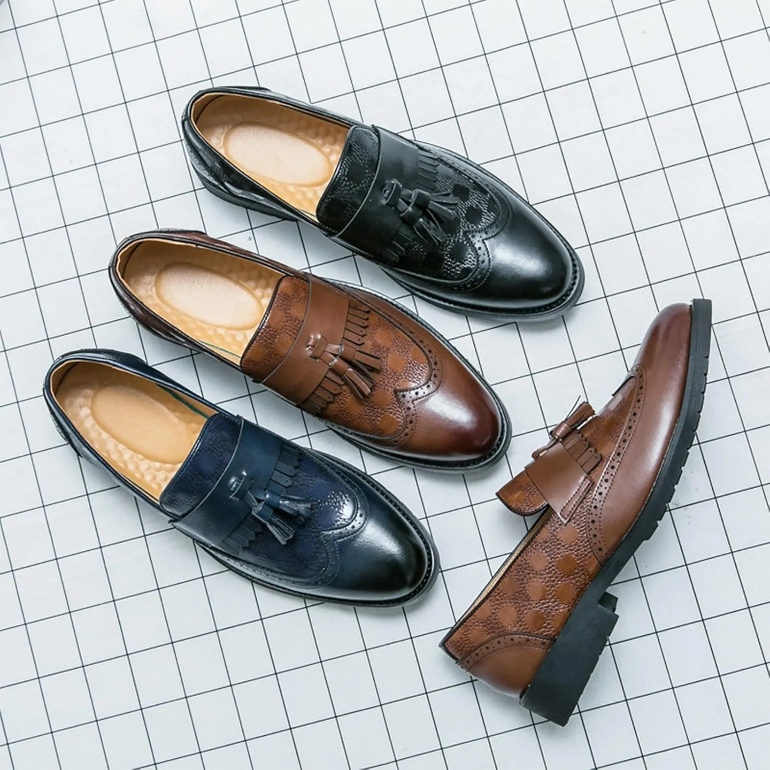Men's Leather Wingtip Fringe Business Dress Loafers Oxford Shoes Tassel Pointed Toe Comfort Slip-On Derby Shoes for Wedding Party Office