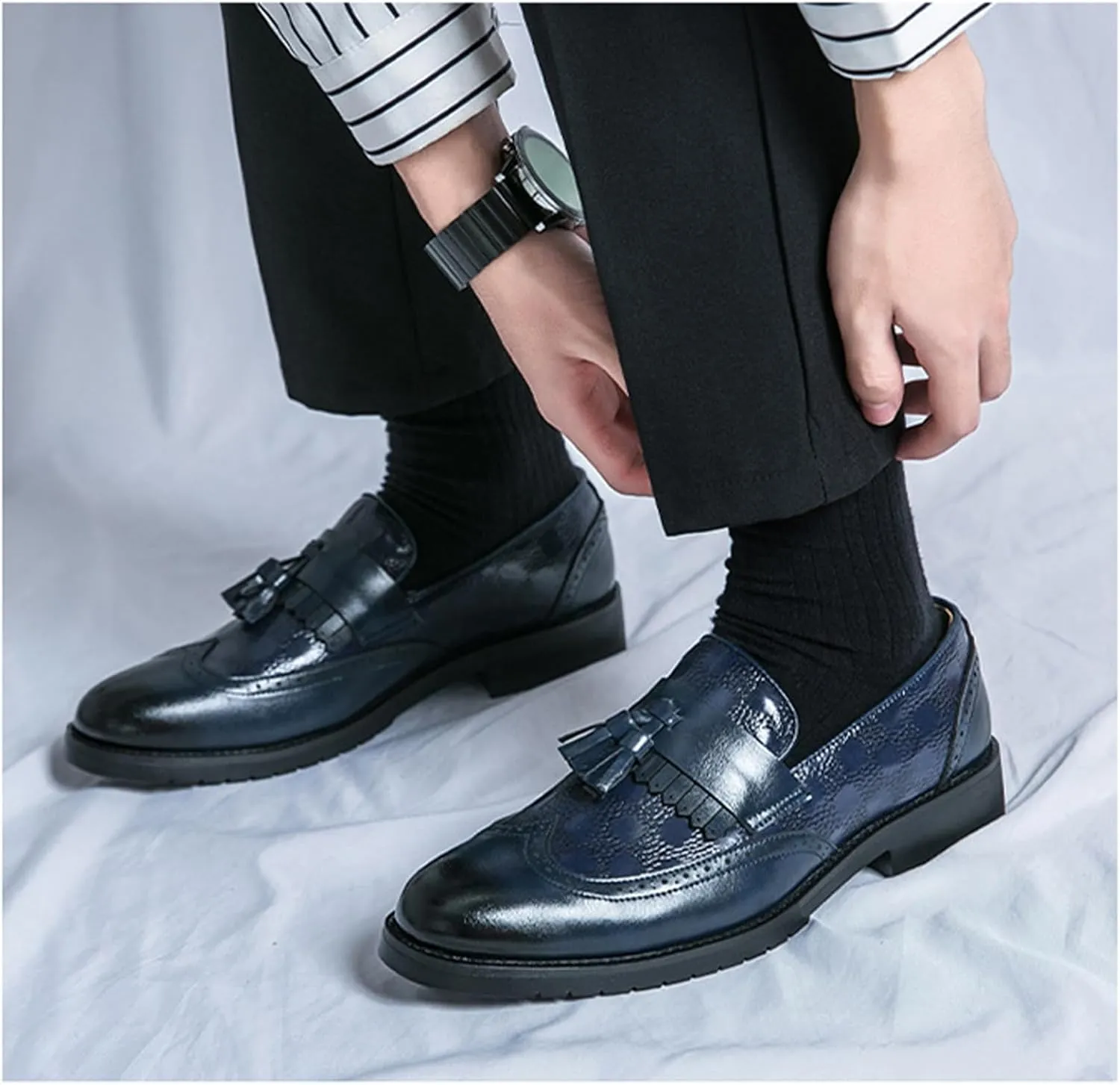 Men's Leather Wingtip Fringe Business Dress Loafers Oxford Shoes Tassel Pointed Toe Comfort Slip-On Derby Shoes for Wedding Party Office