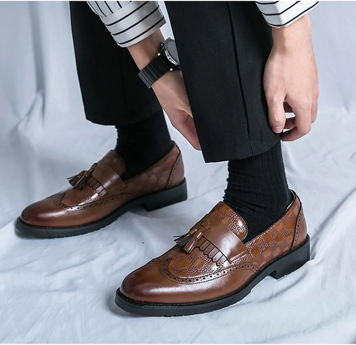 Men's Leather Wingtip Fringe Business Dress Loafers Oxford Shoes Tassel Pointed Toe Comfort Slip-On Derby Shoes for Wedding Party Office