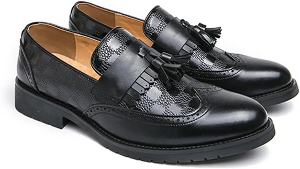 Men's Leather Wingtip Fringe Business Dress Loafers Oxford Shoes Tassel Pointed Toe Comfort Slip-On Derby Shoes for Wedding Party Office
