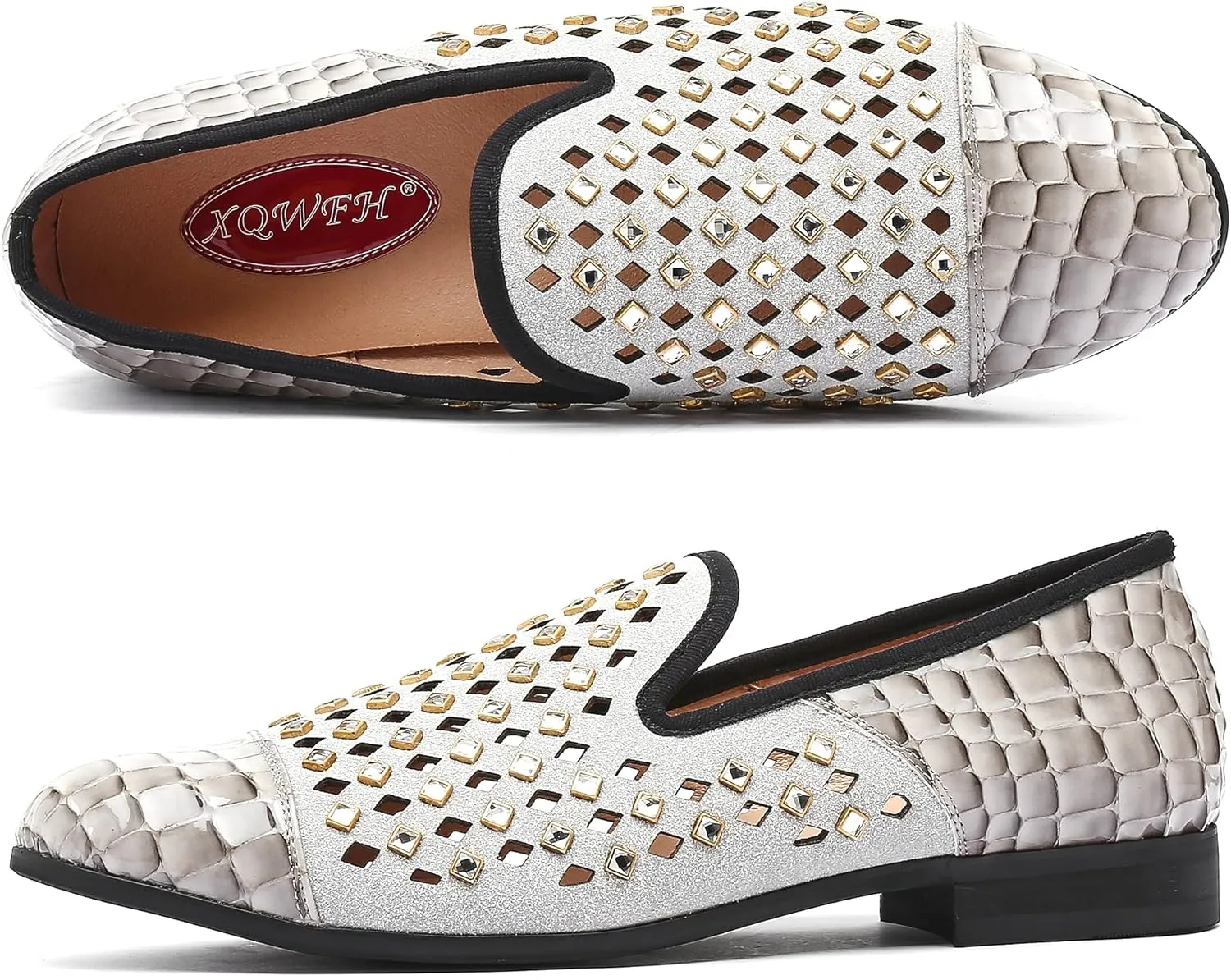 Mens Leopard Loafers Leather Embroidery Spiked Slip on Dress Shoes Slipper Luxury Fashion Penny Prom