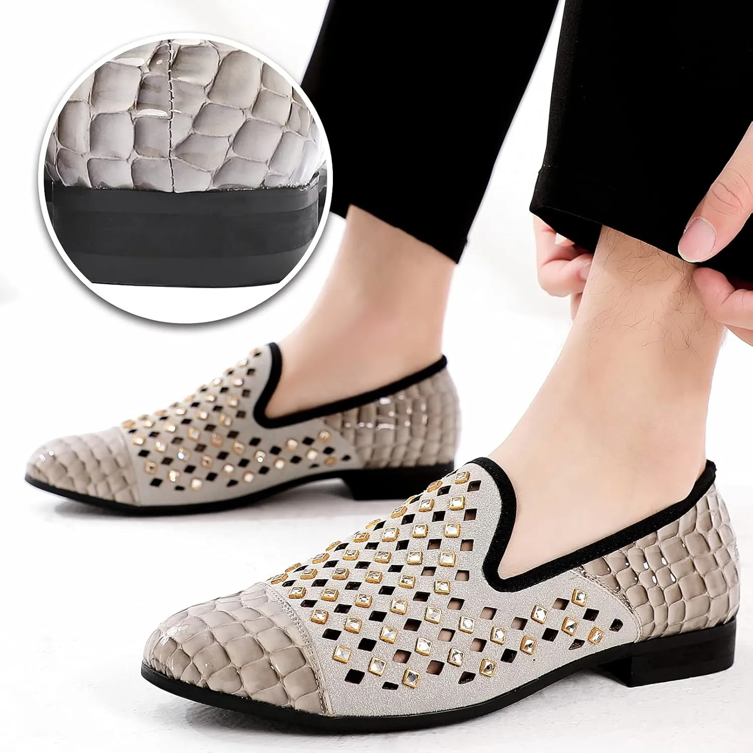 Mens Leopard Loafers Leather Embroidery Spiked Slip on Dress Shoes Slipper Luxury Fashion Penny Prom