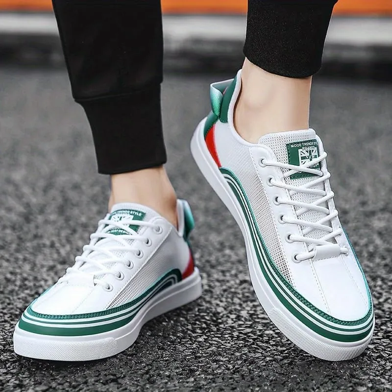 Men's Low-Top Sneakers | Mesh & Leather Casual Shoes with Side Stripe Detail, Rubber Sole & Urban Style