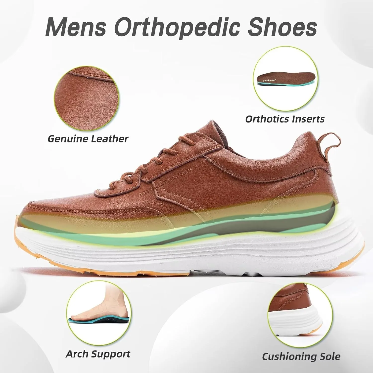 Men's Orthopedic Leather Dress Fashion Sneakers: Comfortable Plantar Fasciitis Business Walking Shoes with Arch Support, Orthotic Flat Feet Thick Sole Sneakers for Foot and Heel Pain Relief