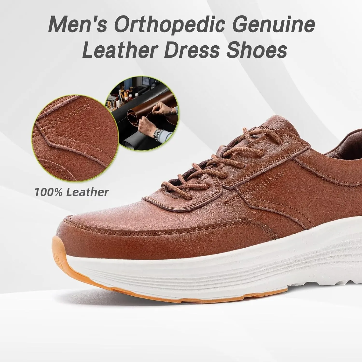Men's Orthopedic Leather Dress Fashion Sneakers: Comfortable Plantar Fasciitis Business Walking Shoes with Arch Support, Orthotic Flat Feet Thick Sole Sneakers for Foot and Heel Pain Relief