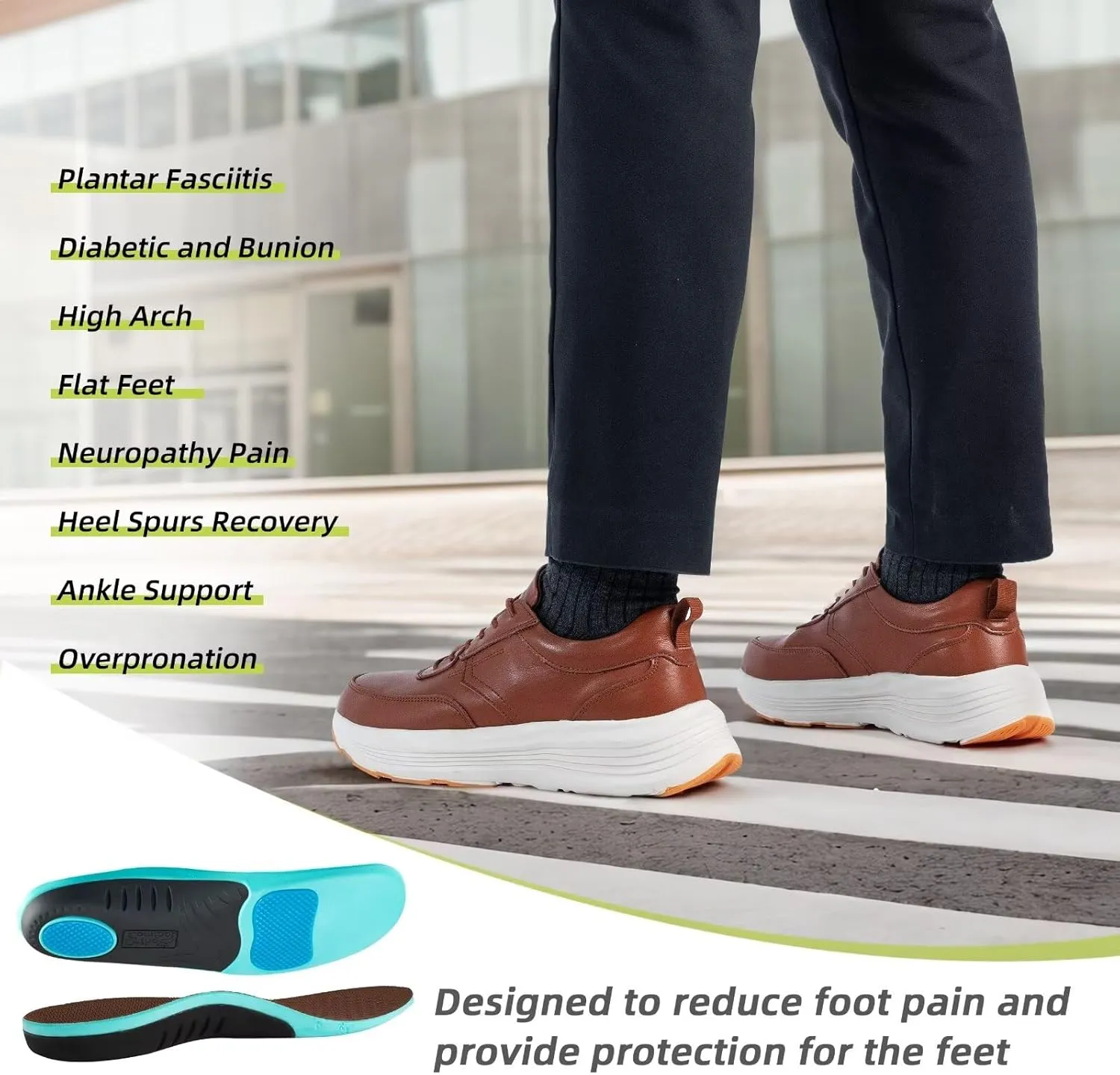 Men's Orthopedic Leather Dress Fashion Sneakers: Comfortable Plantar Fasciitis Business Walking Shoes with Arch Support, Orthotic Flat Feet Thick Sole Sneakers for Foot and Heel Pain Relief