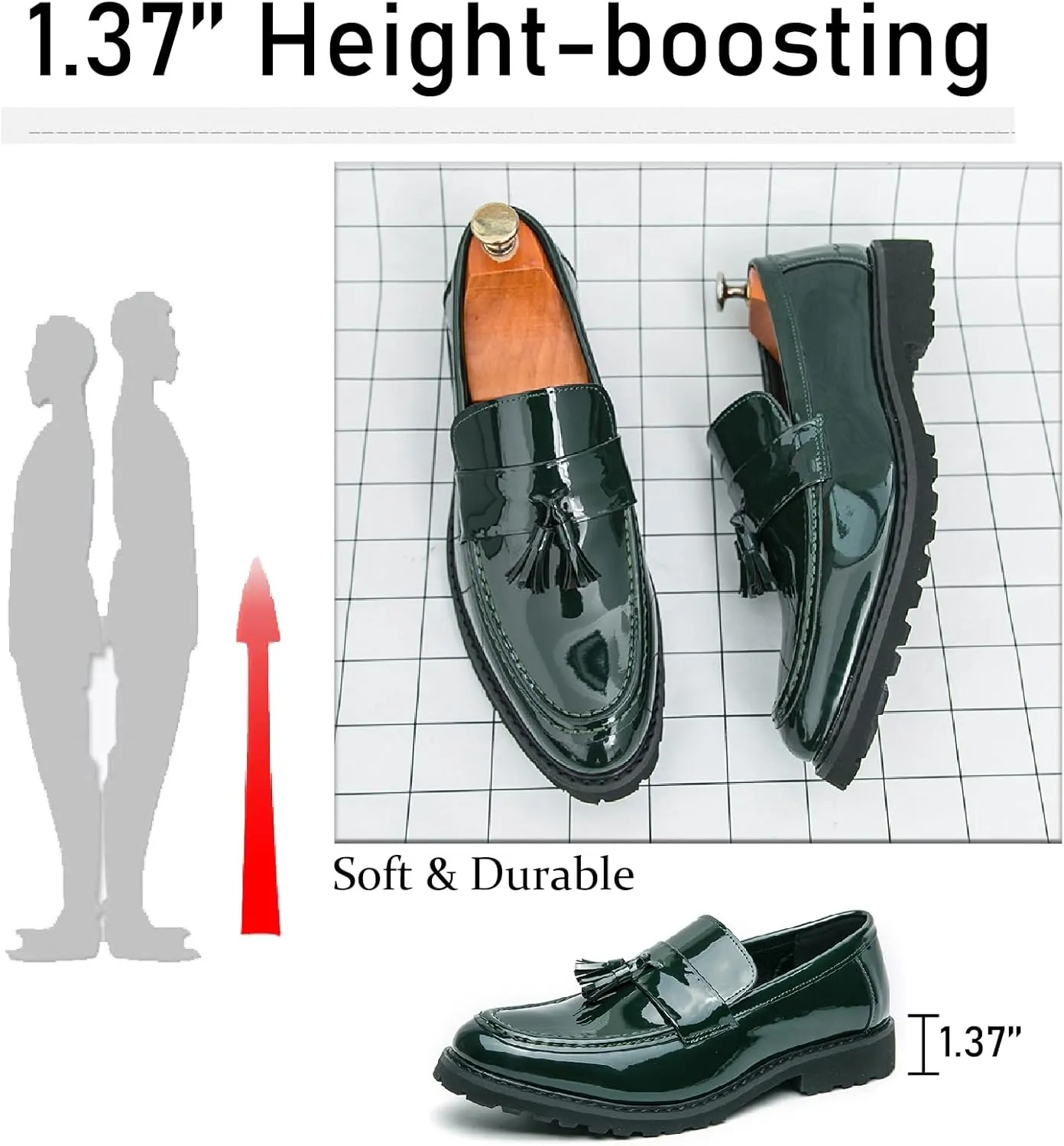 Men's Patent Leather Tassel Platform Loafers Business Casual Non-Slip Lug Sole Comfortable Block Heel Slip-On Dress Shoes for Work Office Wedding Penny Loafers
