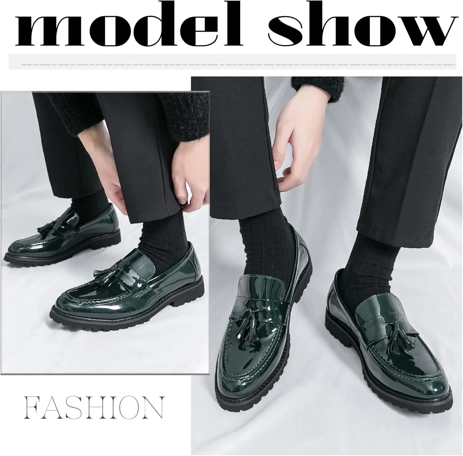 Men's Patent Leather Tassel Platform Loafers Business Casual Non-Slip Lug Sole Comfortable Block Heel Slip-On Dress Shoes for Work Office Wedding Penny Loafers