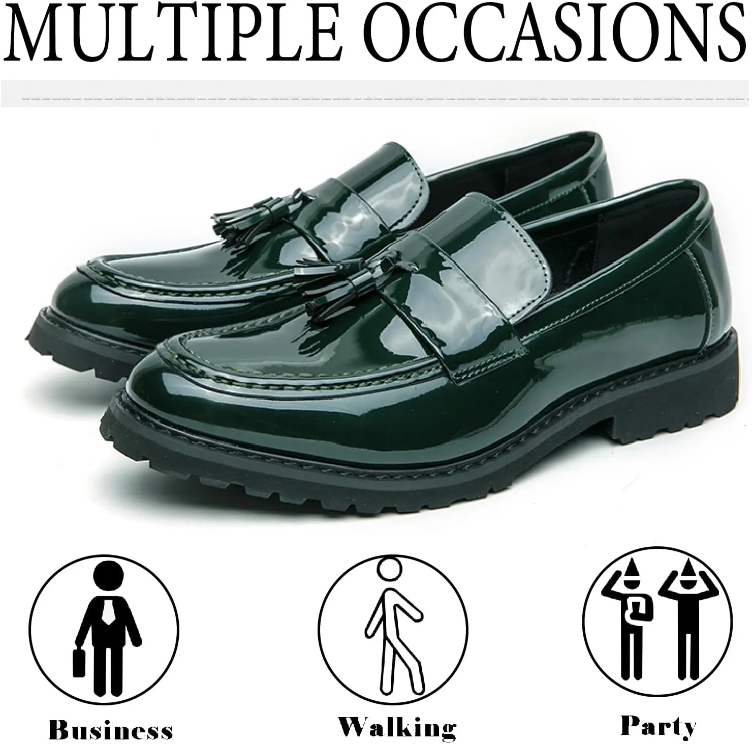 Men's Patent Leather Tassel Platform Loafers Business Casual Non-Slip Lug Sole Comfortable Block Heel Slip-On Dress Shoes for Work Office Wedding Penny Loafers