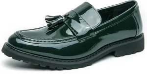 Men's Patent Leather Tassel Platform Loafers Business Casual Non-Slip Lug Sole Comfortable Block Heel Slip-On Dress Shoes for Work Office Wedding Penny Loafers