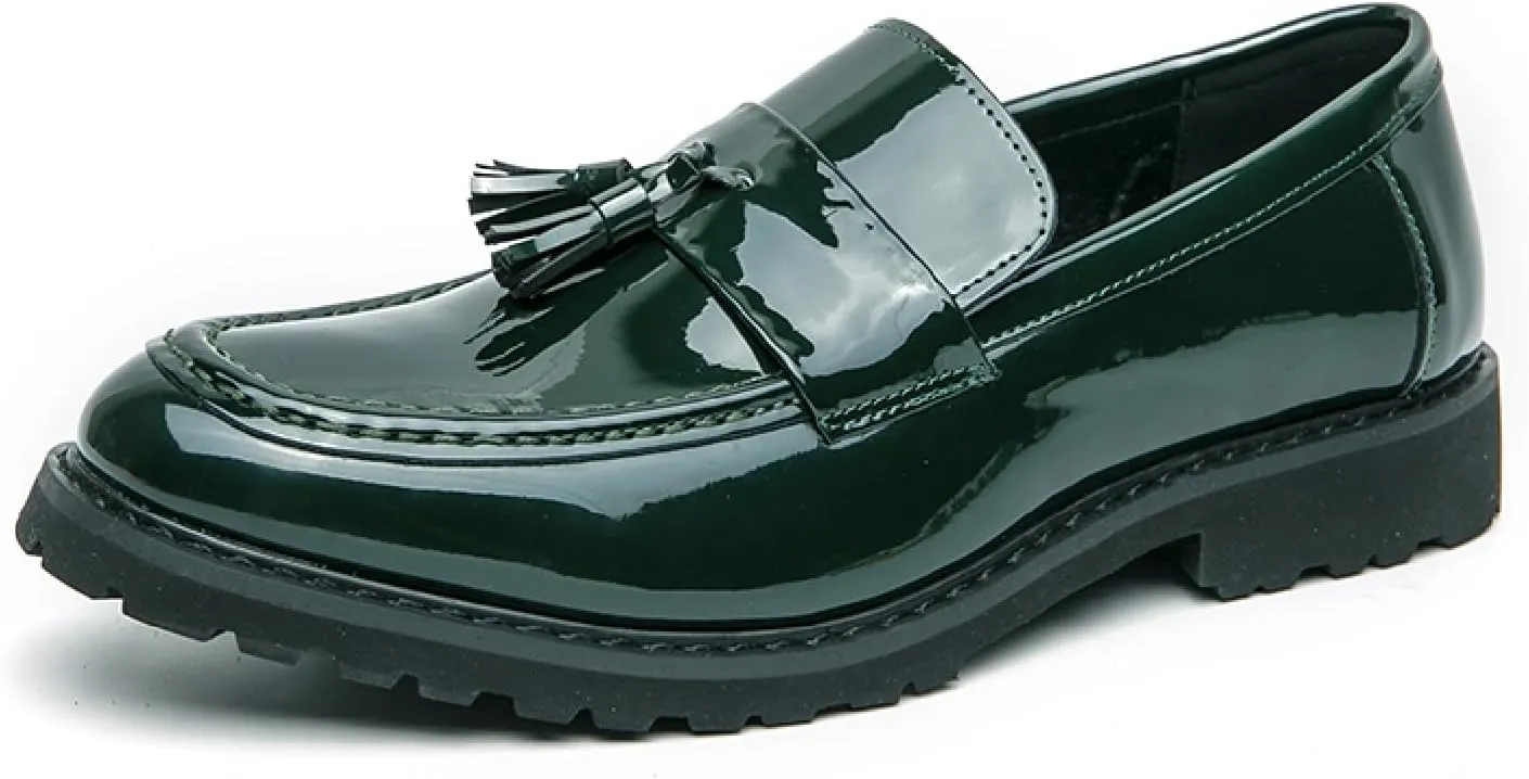 Men's Patent Leather Tassel Platform Loafers Business Casual Non-Slip Lug Sole Comfortable Block Heel Slip-On Dress Shoes for Work Office Wedding Penny Loafers