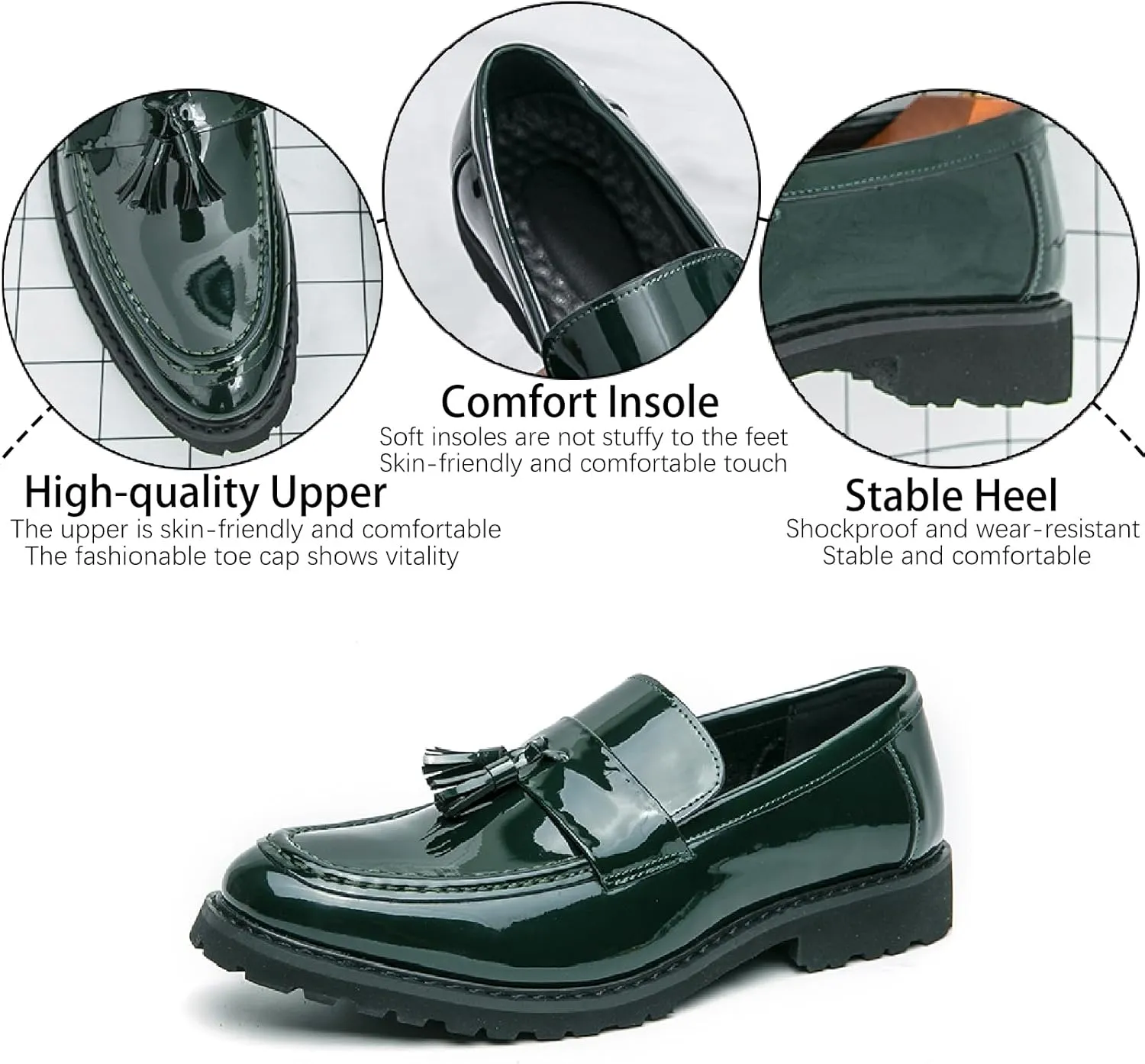 Men's Patent Leather Tassel Platform Loafers Business Casual Non-Slip Lug Sole Comfortable Block Heel Slip-On Dress Shoes for Work Office Wedding Penny Loafers