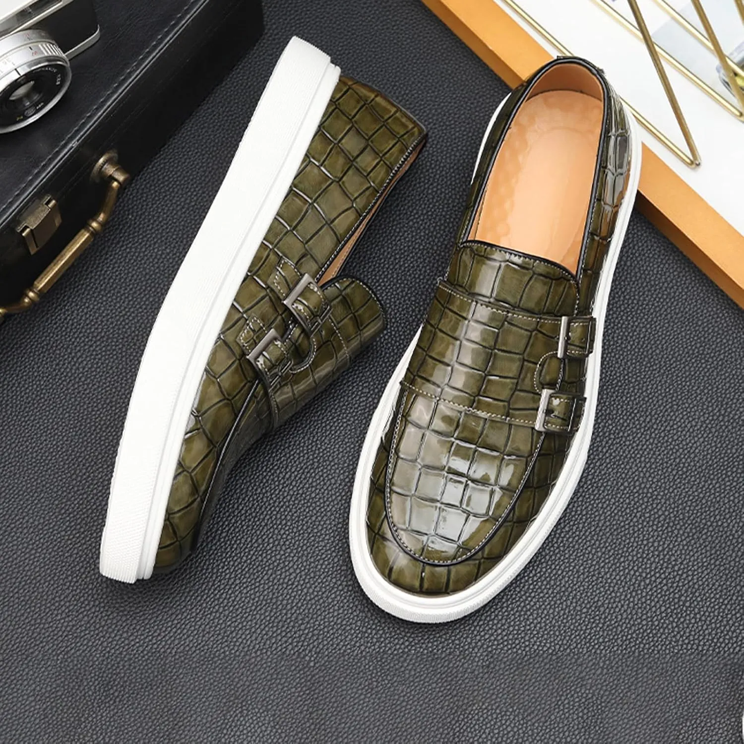 Men's Printed Slip-on Flat Loafers,Classic Leather Patent Double Metal Buckle Comfortable Casual Walking Shoes Formal Business Work Office Dress Moccasins Shoes