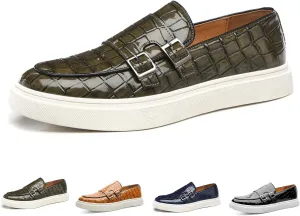 Men's Printed Slip-on Flat Loafers,Classic Leather Patent Double Metal Buckle Comfortable Casual Walking Shoes Formal Business Work Office Dress Moccasins Shoes