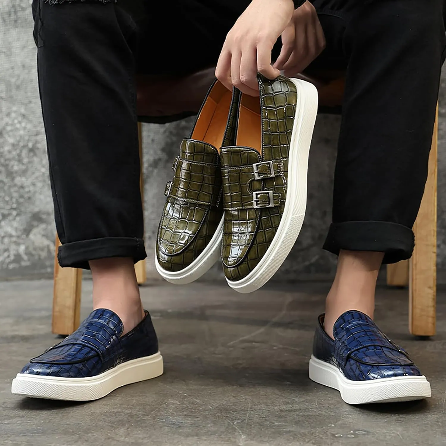 Men's Printed Slip-on Flat Loafers,Classic Leather Patent Double Metal Buckle Comfortable Casual Walking Shoes Formal Business Work Office Dress Moccasins Shoes