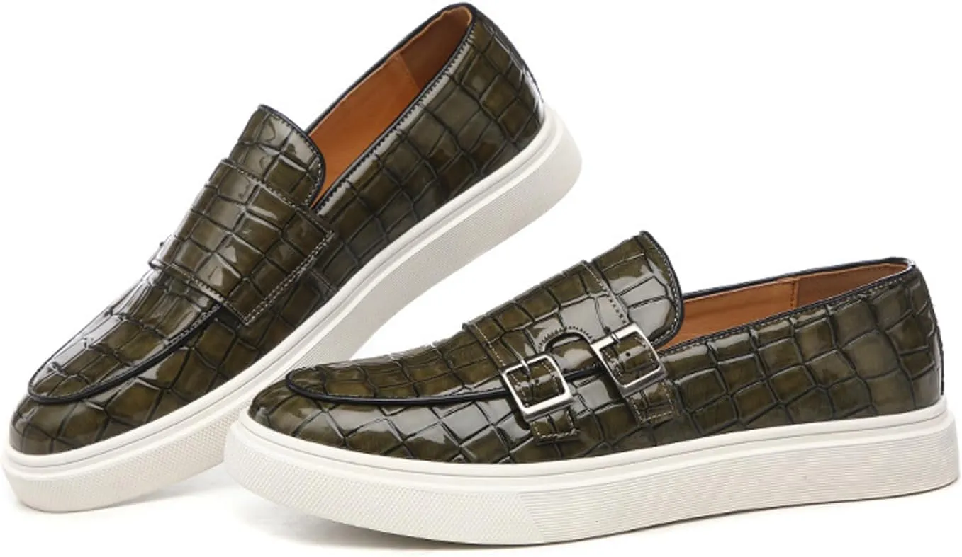 Men's Printed Slip-on Flat Loafers,Classic Leather Patent Double Metal Buckle Comfortable Casual Walking Shoes Formal Business Work Office Dress Moccasins Shoes