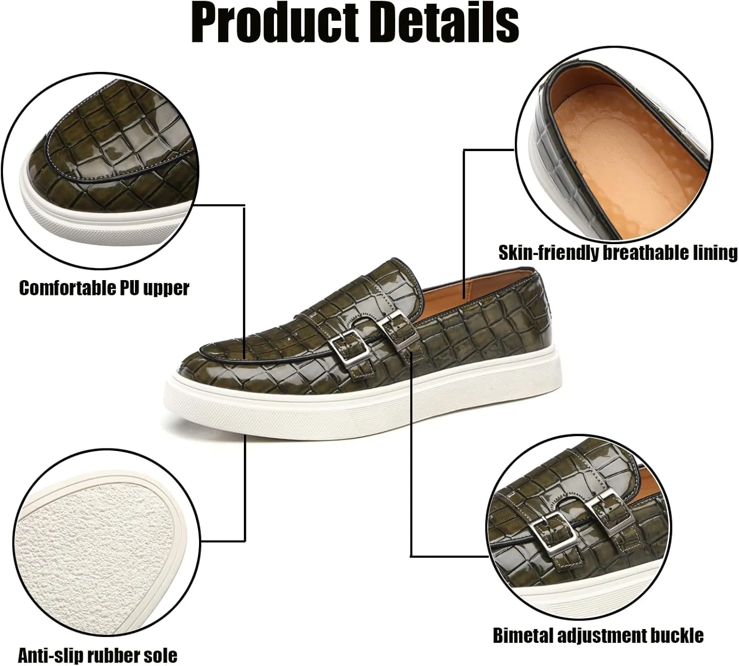 Men's Printed Slip-on Flat Loafers,Classic Leather Patent Double Metal Buckle Comfortable Casual Walking Shoes Formal Business Work Office Dress Moccasins Shoes