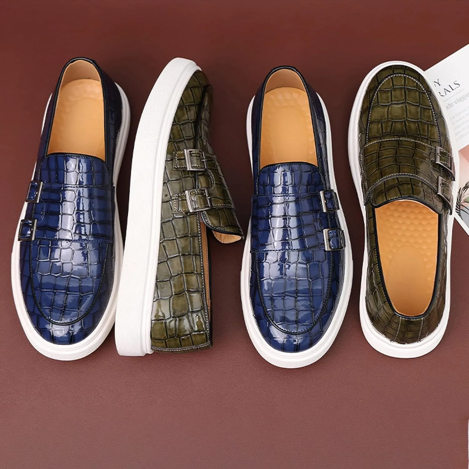 Men's Printed Slip-on Flat Loafers,Classic Leather Patent Double Metal Buckle Comfortable Casual Walking Shoes Formal Business Work Office Dress Moccasins Shoes