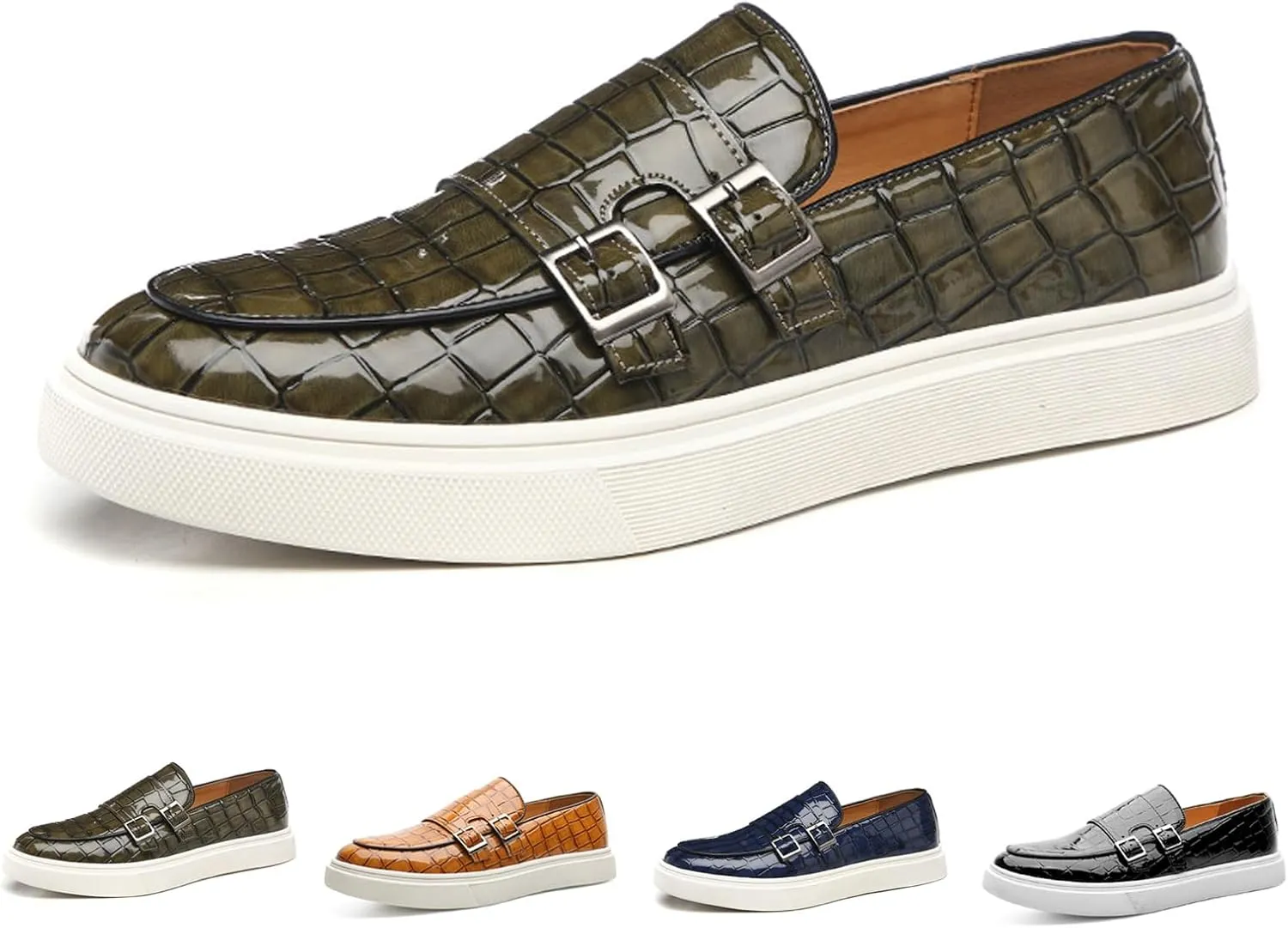 Men's Printed Slip-on Flat Loafers,Classic Leather Patent Double Metal Buckle Comfortable Casual Walking Shoes Formal Business Work Office Dress Moccasins Shoes