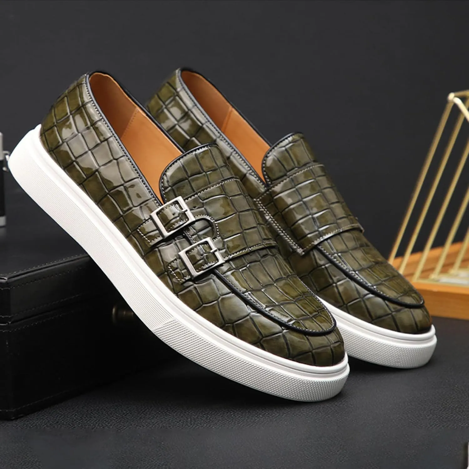 Men's Printed Slip-on Flat Loafers,Classic Leather Patent Double Metal Buckle Comfortable Casual Walking Shoes Formal Business Work Office Dress Moccasins Shoes