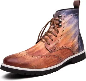 Mens Retro Brogue Leather Lace-Up High Top Ankle Boots Casual Vintage Wingtip Chukka Dress Boots for Business Office Daily Formal