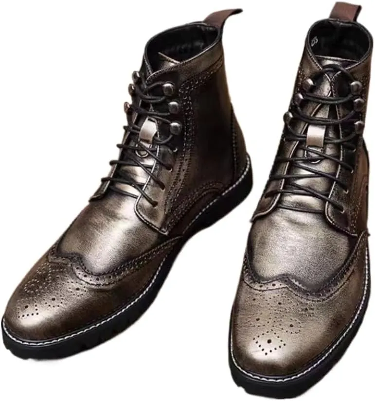 Mens Retro Brogue Leather Lace-Up High Top Ankle Boots Casual Vintage Wingtip Chukka Dress Boots for Business Office Daily Formal