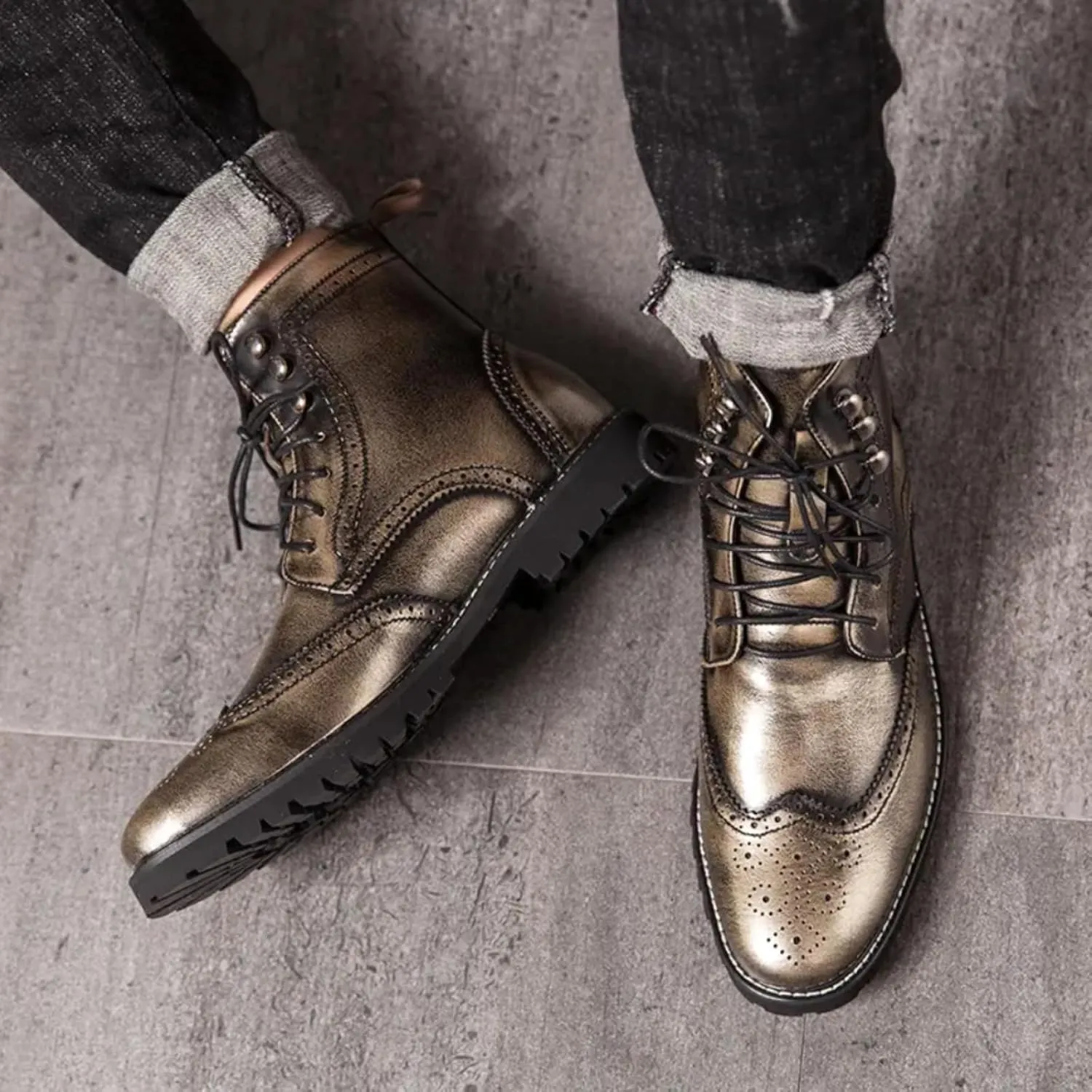 Mens Retro Brogue Leather Lace-Up High Top Ankle Boots Casual Vintage Wingtip Chukka Dress Boots for Business Office Daily Formal