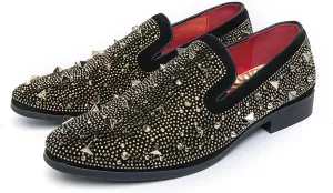 Men's Rhinestone Studded Flat Smoking Loafers Luxury Shiny Glitter Slip On Tuxedo Rivets Dress Shoes for Prom Party Wedding Formal Shoes