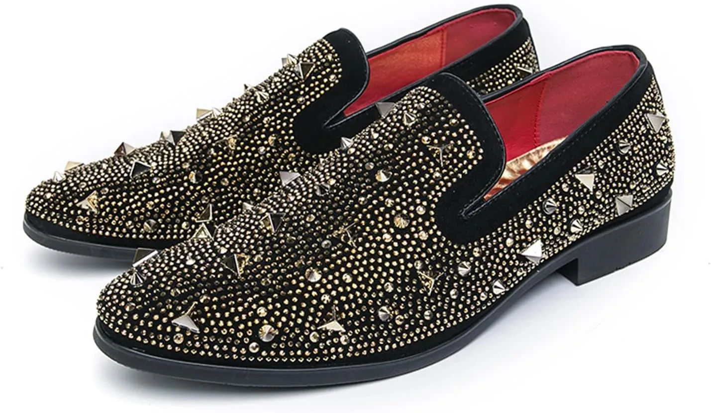 Men's Rhinestone Studded Flat Smoking Loafers Luxury Shiny Glitter Slip On Tuxedo Rivets Dress Shoes for Prom Party Wedding Formal Shoes