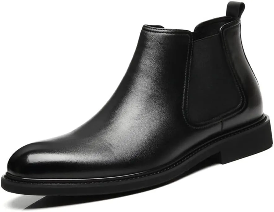 Mens Round Toe Chelsea Boots, Elastic Bands, Vegan Leather, Wearable on Skid, Waterproof, Non-Slip, Classic