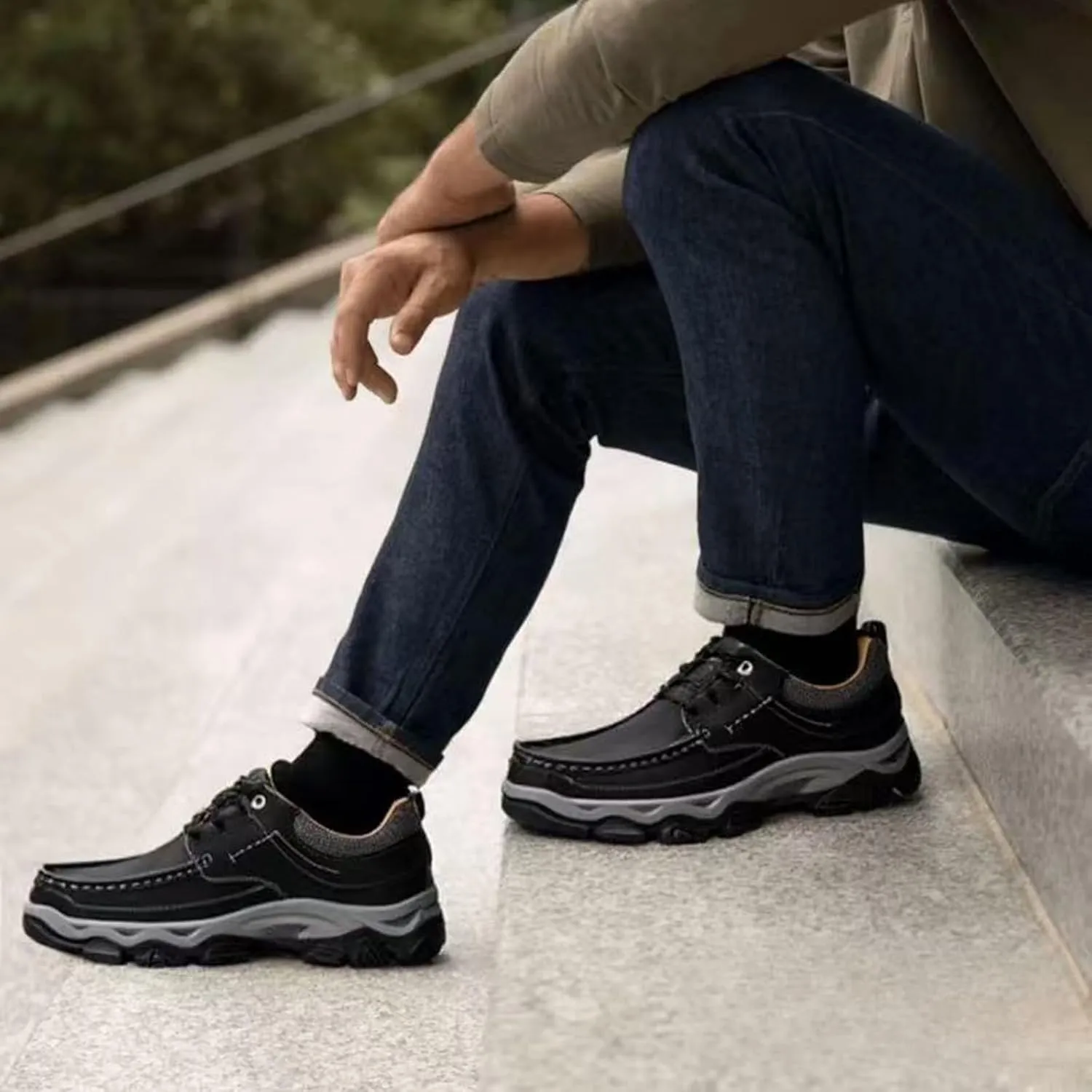 Mens Slip On Leather Loafers Casual Walking Shoes - Breathable Non Slip Cushioned Comfort | Handmade Stitching Reinforced Collar | Dress Office Work Outdoor Hiking Driving Shoes