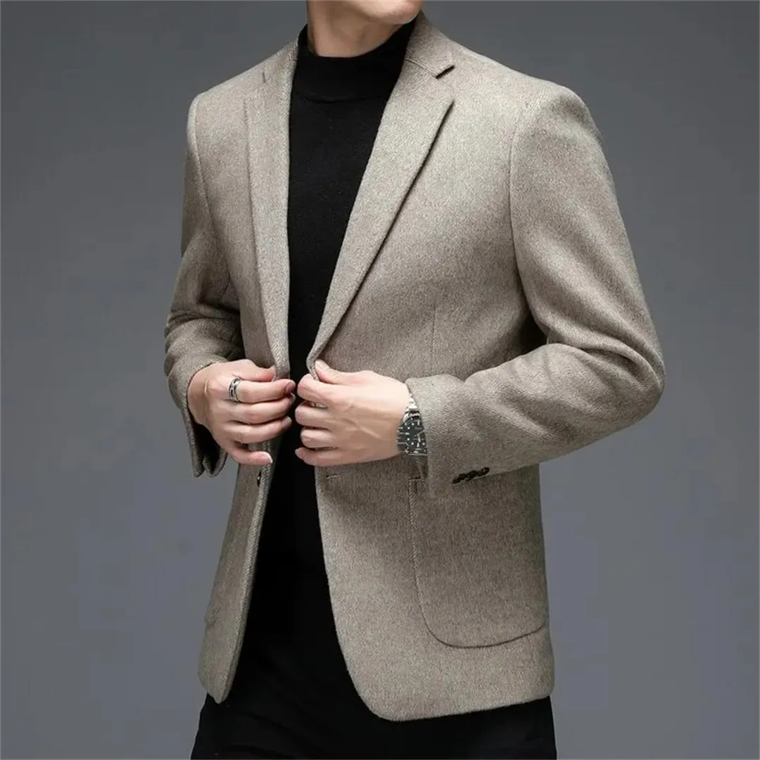 Men’S Solid Double Breasted Notched Collar Long Sleeve Regular Length Casual Wool Blend Suit Jacket